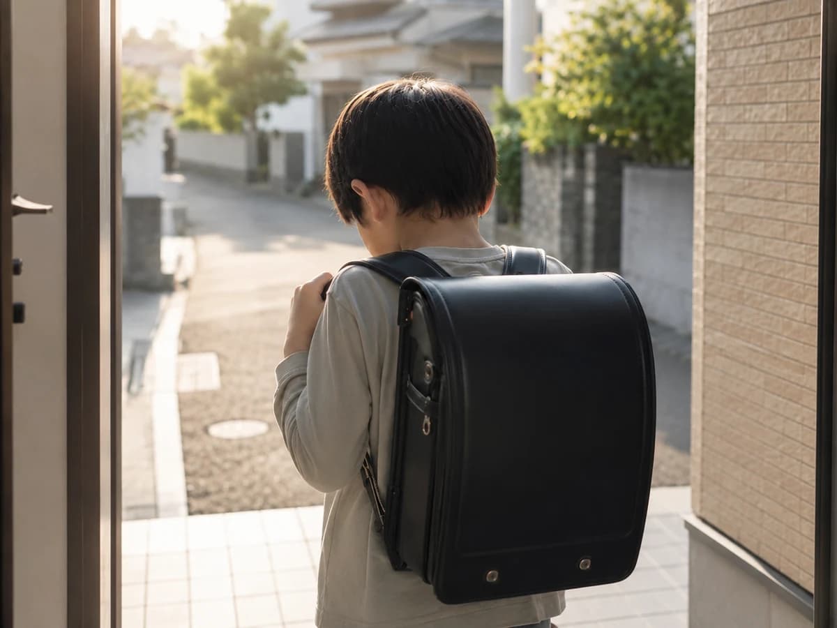 明るい朝の玄関で、ランドセルの肩ひもを握りながら立ち止まっている子ども